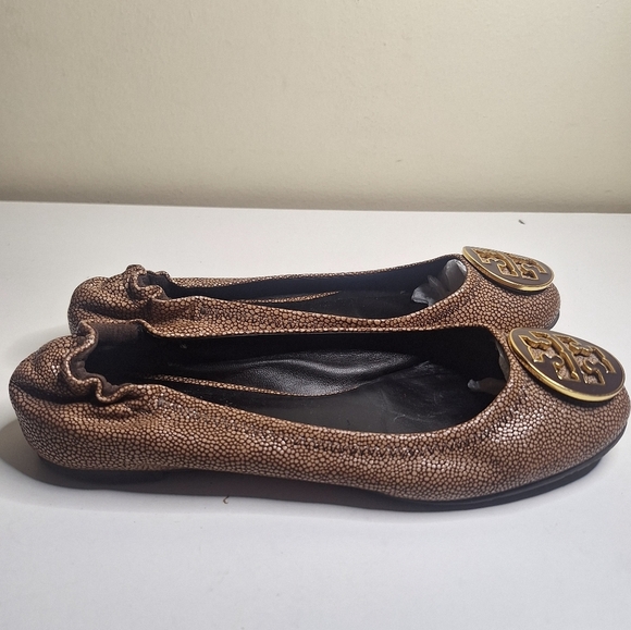 TORY BURCH Reva coconut brown stingray logo detail ballet flats SZ 7 - Picture 3 of 7